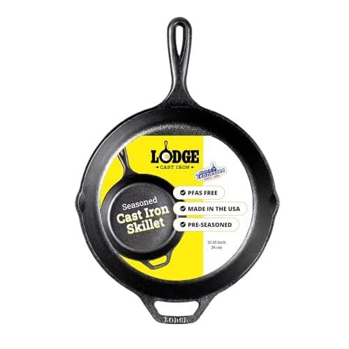 Lodge Pre-seasoned Cast Iron Skillet (10.25 Inches, L8SK3) – Dual Pour Spouts with Assist Helper Handle & Pfas-free Natural Finish
