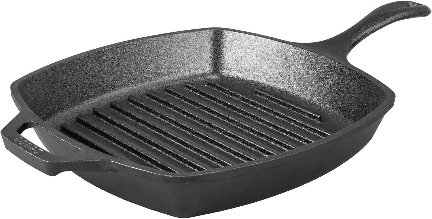 Lodge 10.5-INCH Pre-seasoned Cast Iron Square Grill Pan with Raised Ridges for Indoor and Outdoor Cooking
