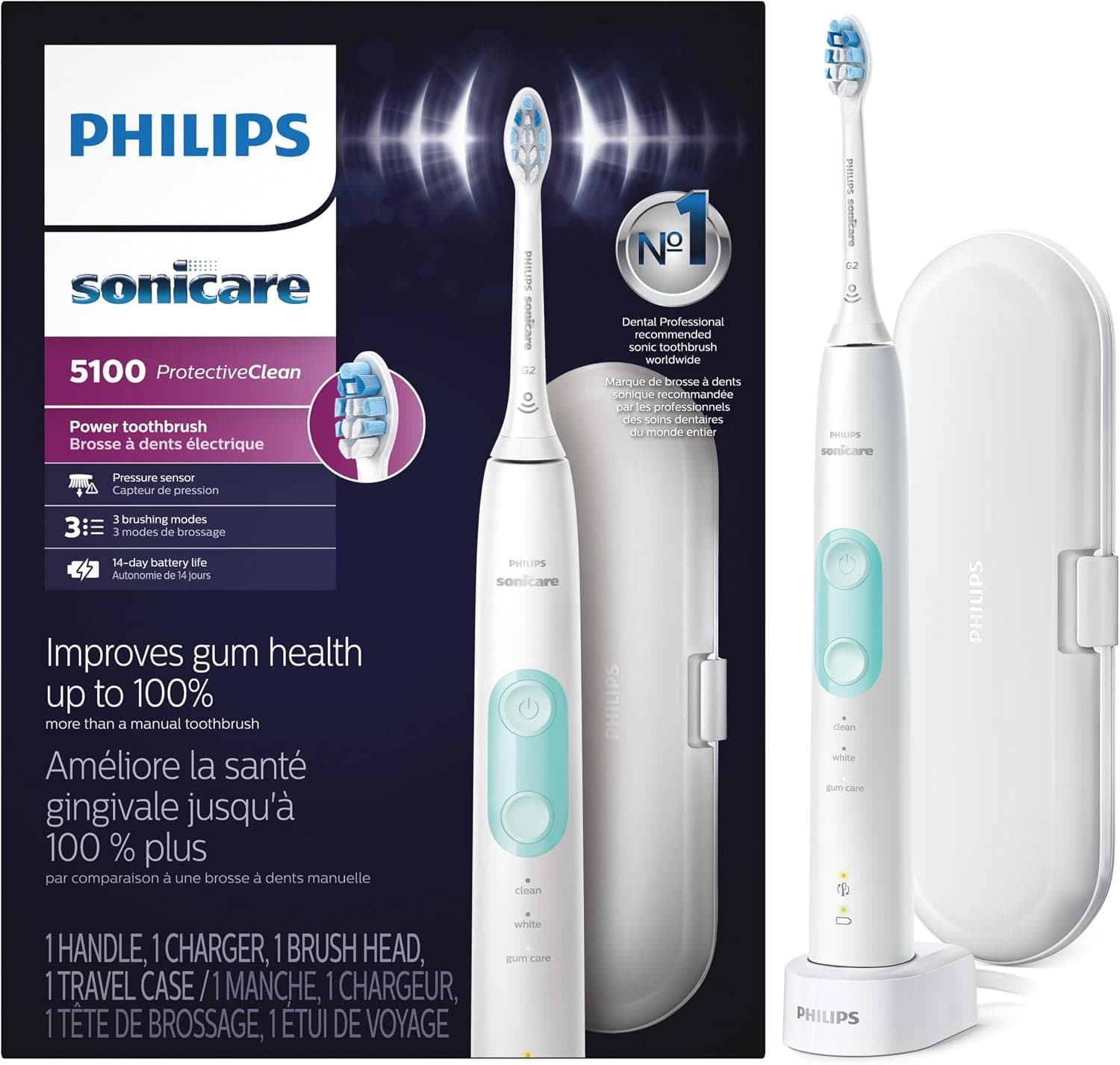 Philips Sonicare Protectiveclean 5100 Rechargeable Electric Toothbrush – Brushsync Replacement Reminder with Travel Case
