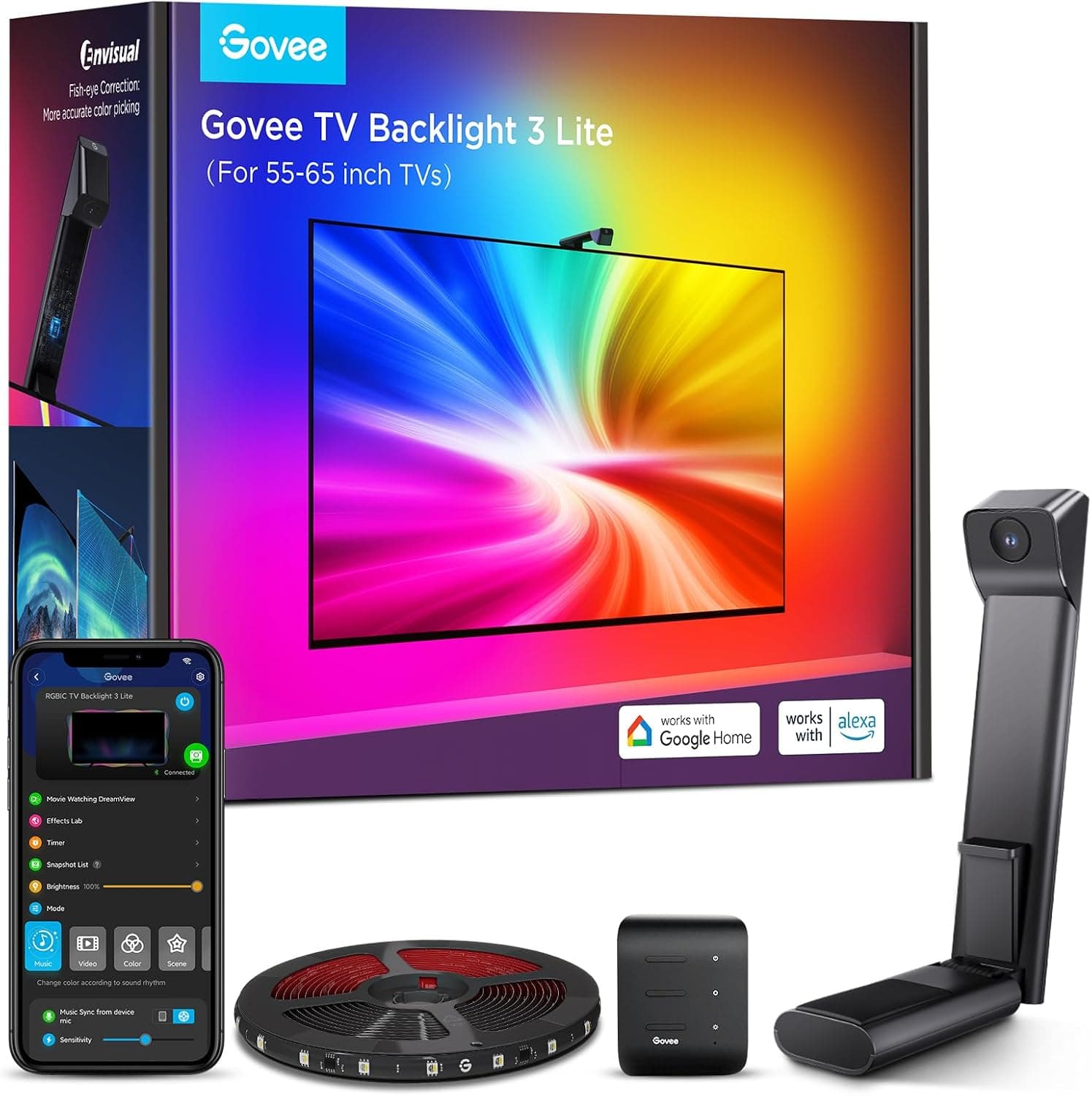 Govee Tv Backlight 3 Lite with Fish-eye Correction Camera, 11.8FT Rgbicw Led Strip for 55-65 Inch Tvs, and Voice App Control