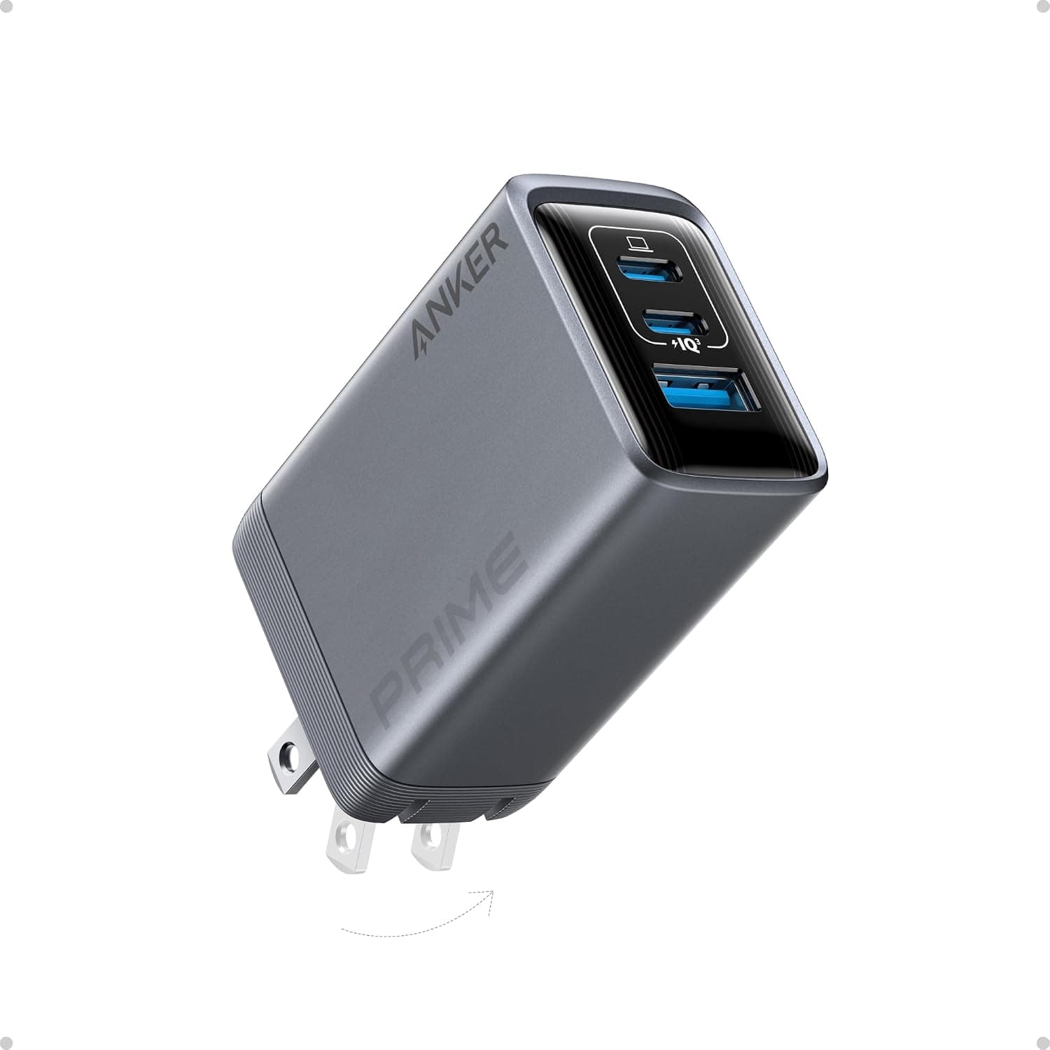 Anker Prime 100W Gan 3-PORT Foldable Fast Wall Charger with 2 Usb-c Ports, 1 Usb-a Port, and Activeshield 2.0