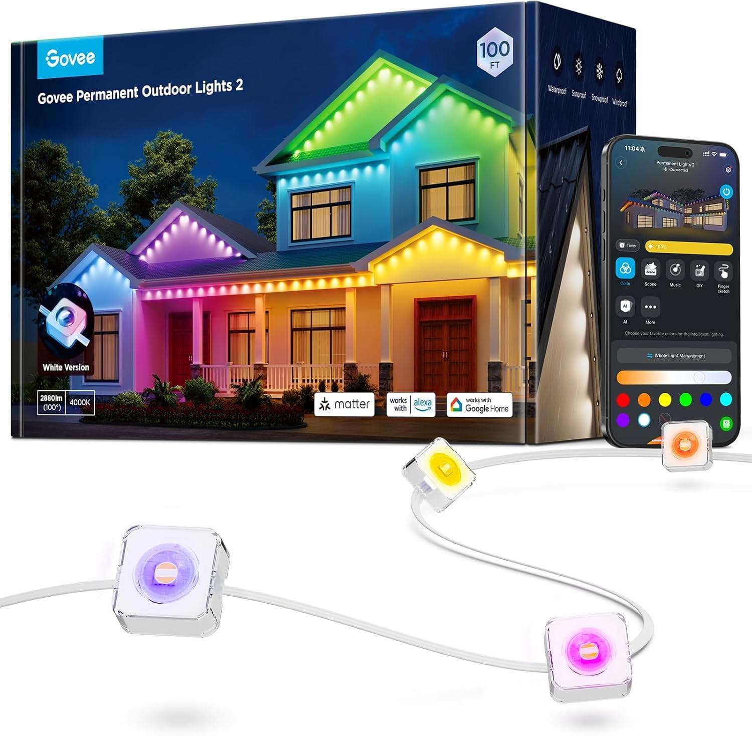 Govee Permanent Outdoor Lights 2 (100 Ft Rgbic) – 100 Preset Scene Modes with Smart App Control & IP67 Waterproofing