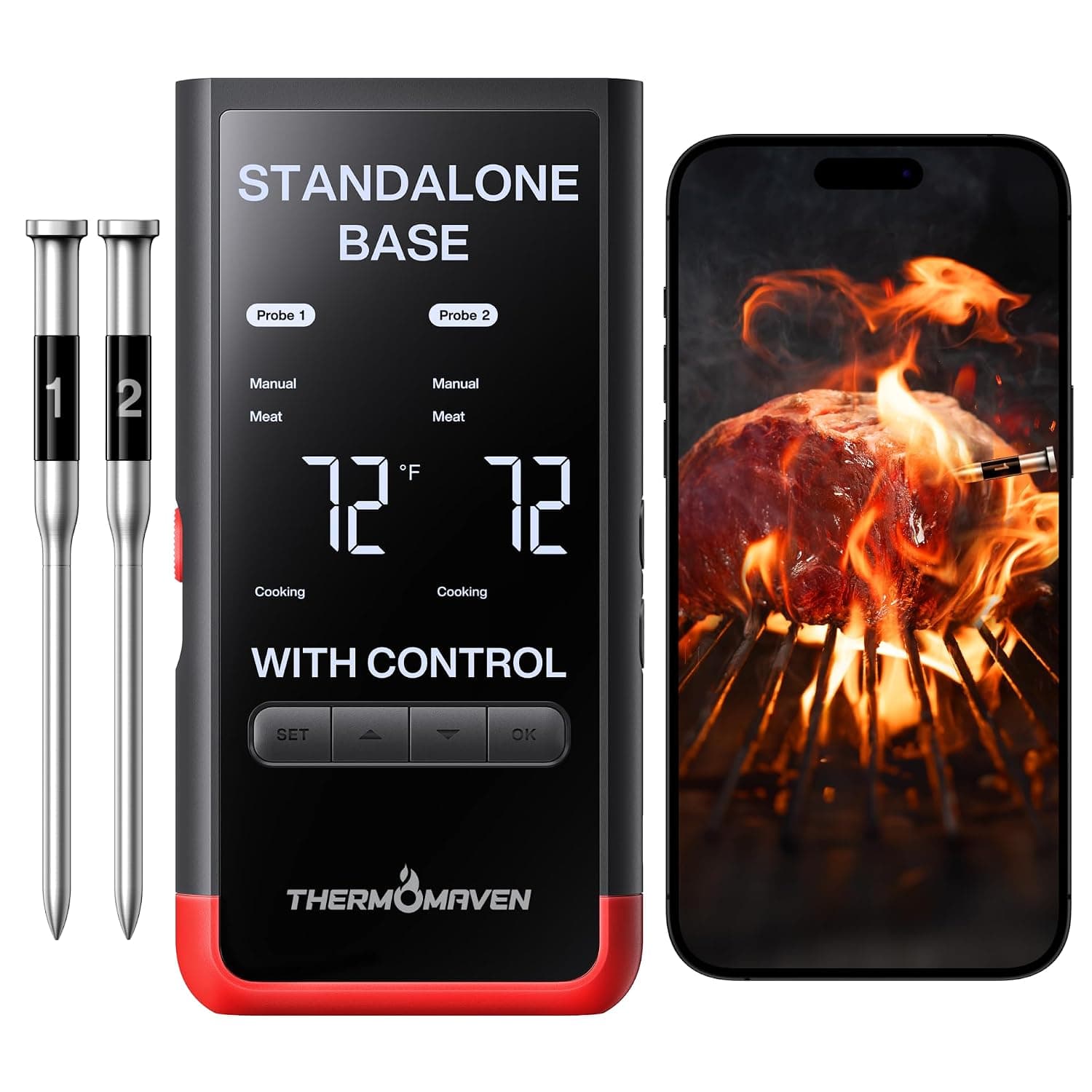 Thermomaven Smart Dual-probe Wireless Meat Thermometer with Standalone Base, 6 Precision Sensors, and Unlimited Cloud Range